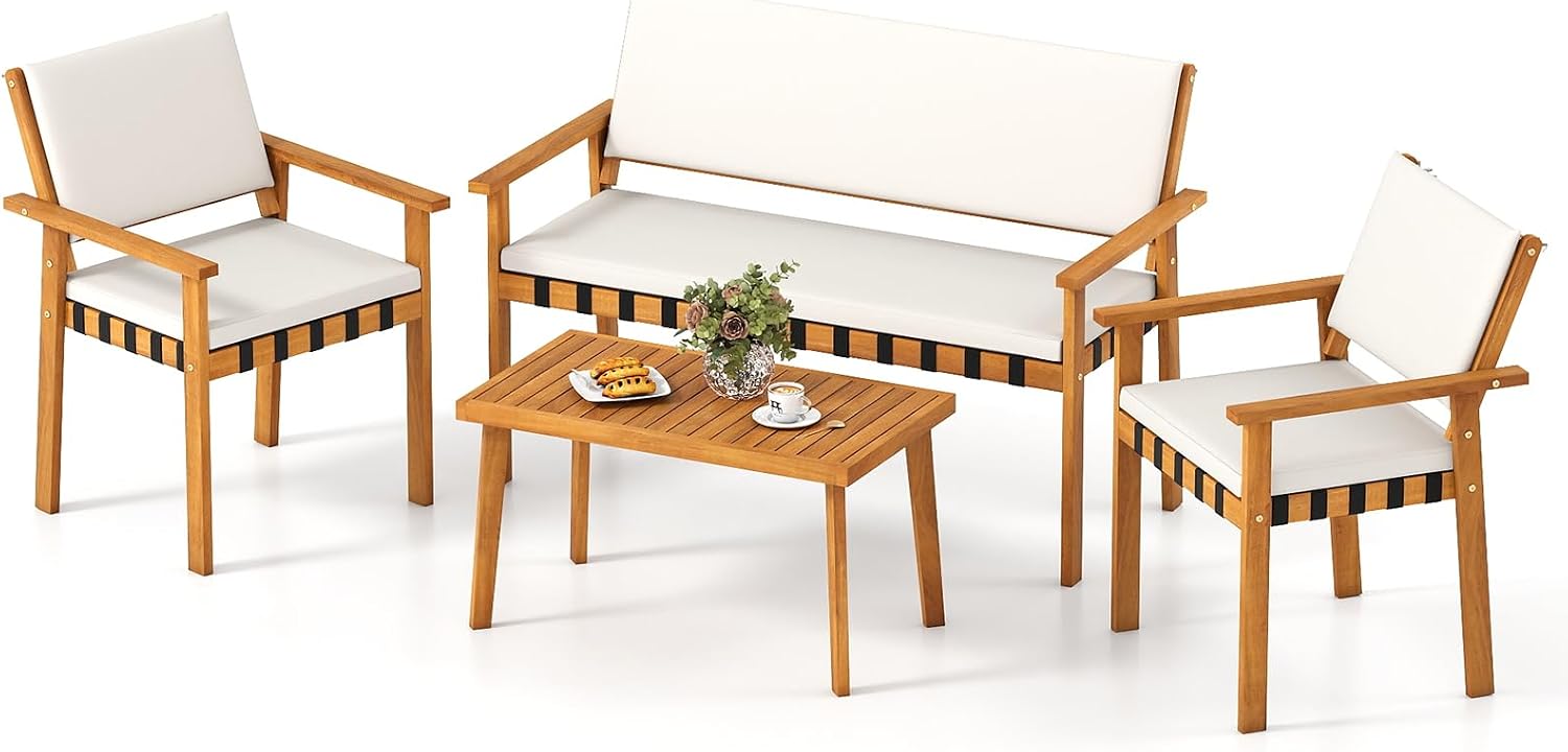Tangkula 4 Pieces Wood Patio Furniture Set, Outdoor Acacia Wood Cuhioned Conversation Set with Coffee Table, for Backyard,Porch,Garden,Lawn