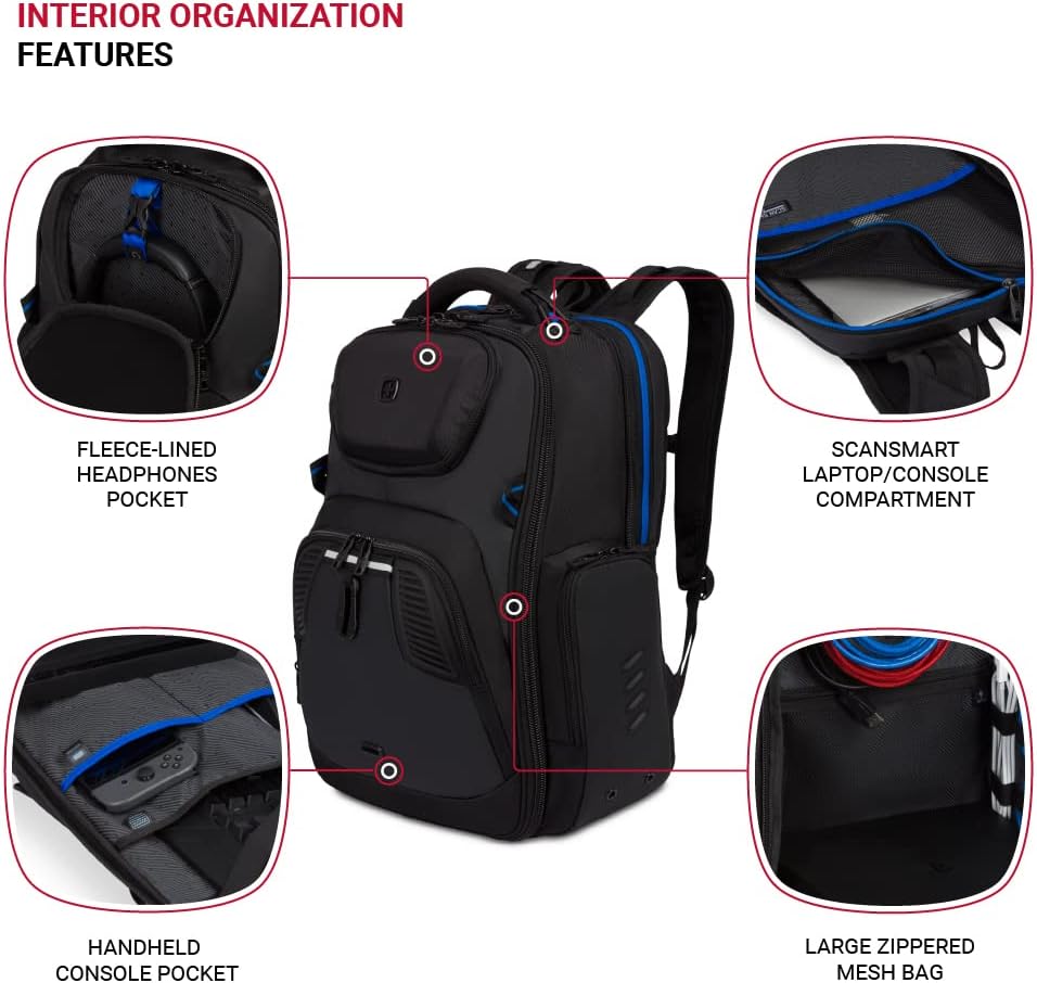 SwissGear Gaming Laptop Backpack with Charger Port (USB), Blue/Black