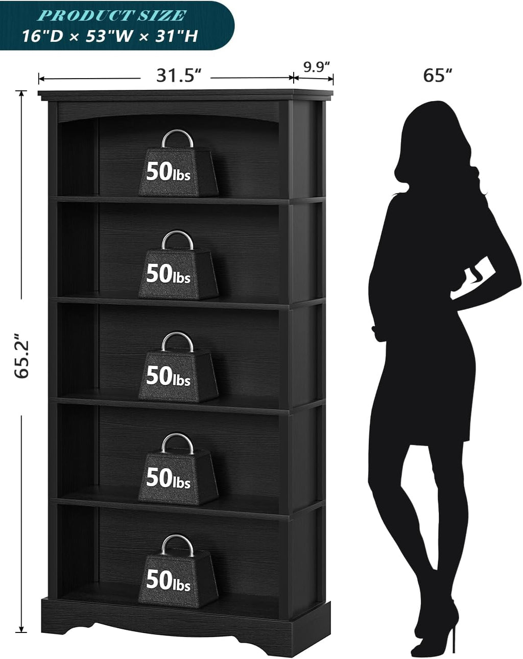 TVU 5-Tier Wooden Bookshelf, 31.5' W x 65' H ×9.9' D Bookshelf with Storage, Floor Standing Modern Style Display Bookcase for Living Room, Office, Study Room, Entryway, Black