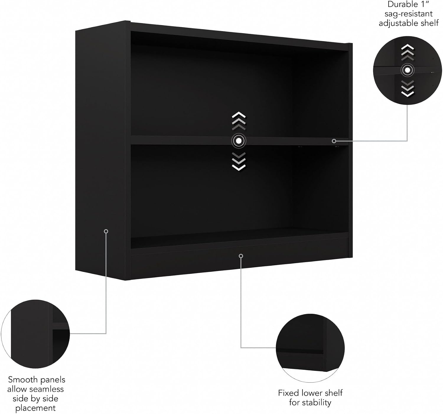 Bush Home Small 2 Shelf Bookcase, 2 Tier Bookshelf Storage Cabinet with Adjustable Shelf for Living Room, Bedroom or Home Office, Universal Collection, Black