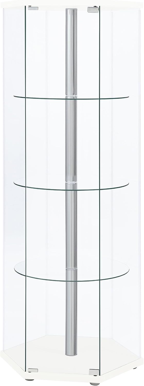Coaster Home Furnishings - Zahavah - 4-Shelf Glass Curio Cabinet with Hexagonal Shape, Clear Door, Tempered Glass Shelves, and Push-to-Open Door - Living Room - White - 950001