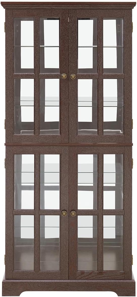 Lighted Glass Curio Cabinet with Lights & Adjustable Shelves,Curio Display Cabinet with Wood Frame & Glass Door,Corner Antique Display Case for Kitchen,Living Room,Office