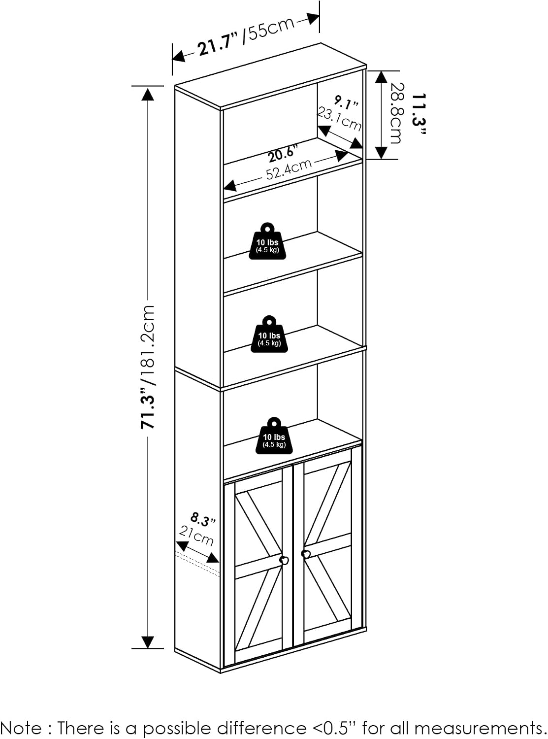 Furinno Jensen Book Shelf, 6-Tier Farmhouse Bookshelf, Display Bookcase with Doors, 9.2' x 21.6' x 71.2', for Organization and Storage, for Living Room, Bedroom, Home Office, Amber Pine