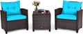 Tangkula 3 Pieces Patio Furniture Set, PE Rattan Wicker 3 Pcs Outdoor Sofa Set w/Washable Cushion and Tempered Glass Tabletop, Conversation Furniture for Garden Poolside Balcony (Turquoise)