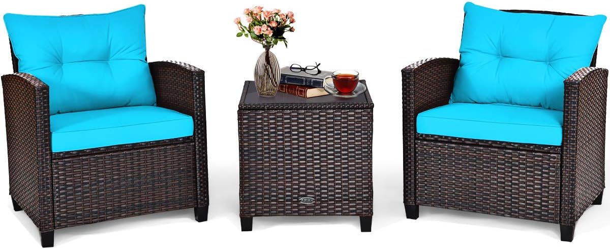 Tangkula 3 Pieces Patio Furniture Set, PE Rattan Wicker 3 Pcs Outdoor Sofa Set w/Washable Cushion and Tempered Glass Tabletop, Conversation Furniture for Garden Poolside Balcony (Turquoise)