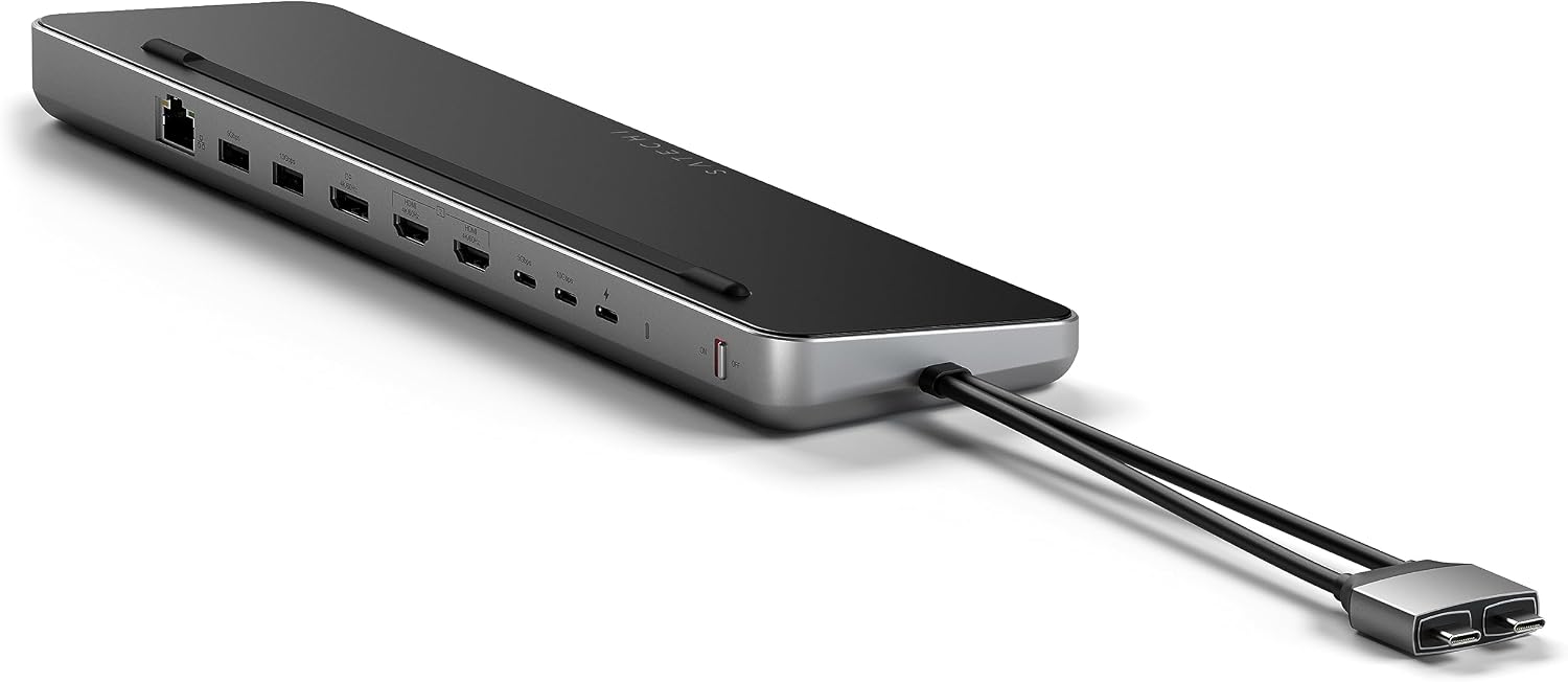 Satechi Dual USB C Docking Station and Stand with Dual 4K HDMI, Display Port, 75W USB-C PD Charging, 2 USBC Data, 2 USB-A, Ethernet, SATA and NVMe SSD Enclosure, for MacBook and Windows