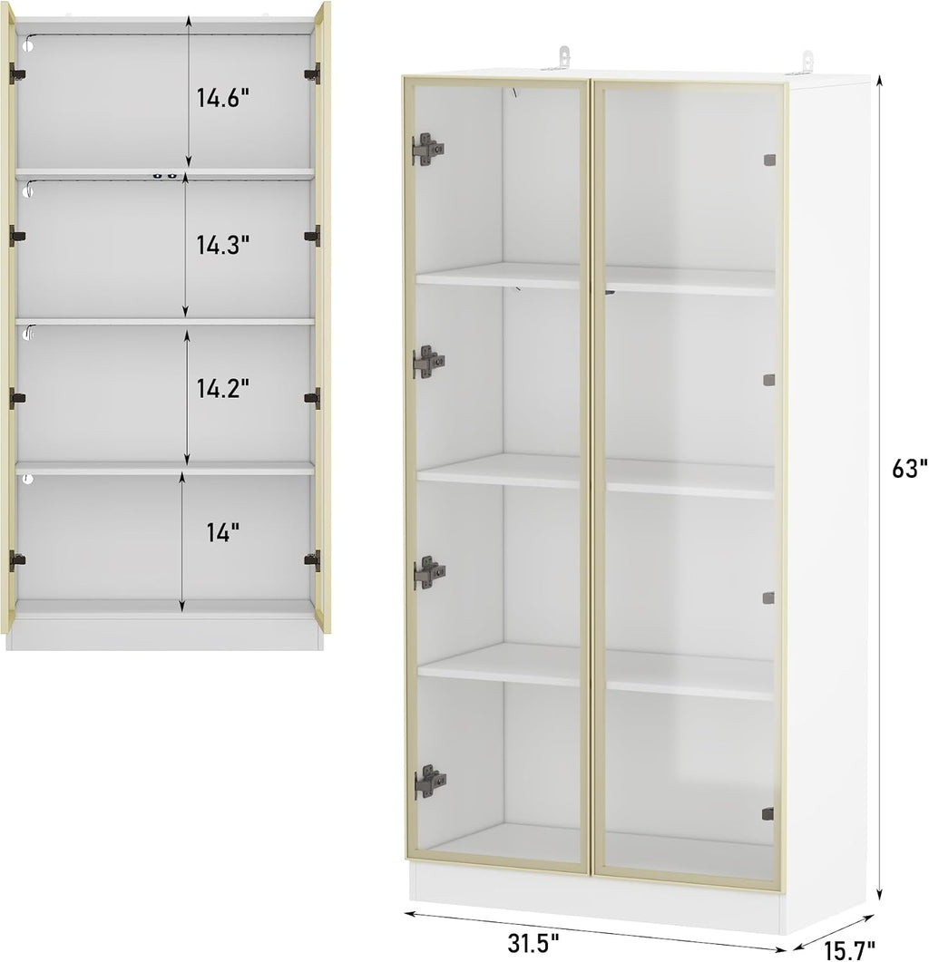 Display Cabinet with Glass Doors and Lights, Glass Display Cabinet with 4-Tier Storage Shelves, Pop-up Design, Trophy Case White and Champagne Gold (31.5'W x 15.7'D x 63'H)
