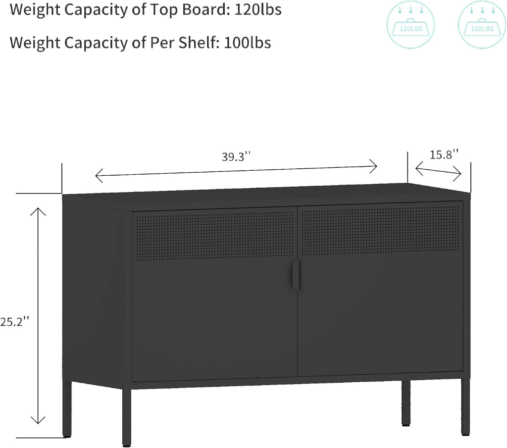 Chshin Metal Storage Cabinet with Doors,Black Accent Cabinet,Metal Locker Storage Cabinets,2 Door TV Media Stand with Removable Shelves for,Home,Office,Entryway,Living Room