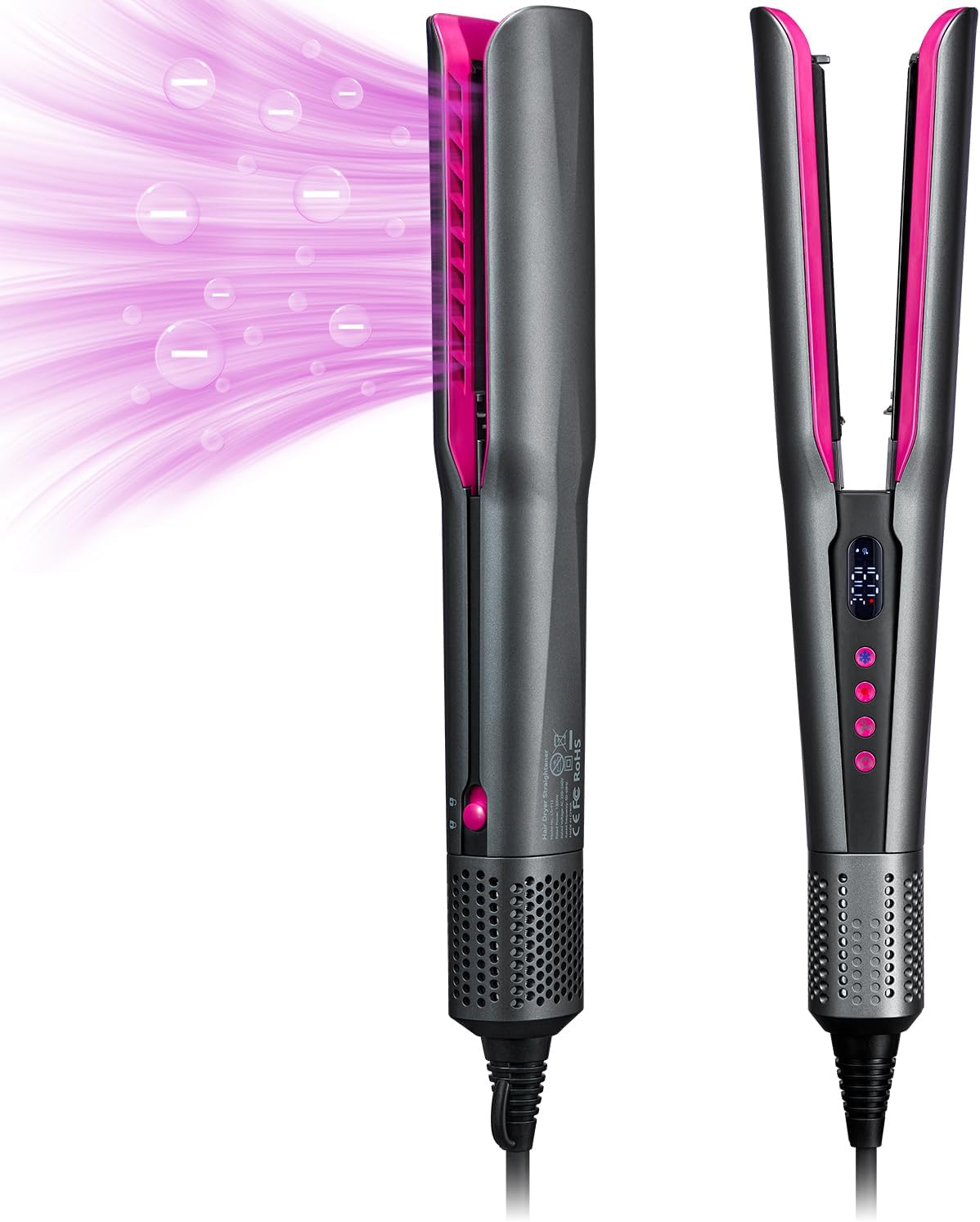 Hair Straightener – 2 in 1 Wet to Dry Air Straightener with High-Speed Ionic Airflow, Straightens Using air, No Heat Damage, Smart Temperature Control for Medium to Long Hair (35-75cm) (Gray)