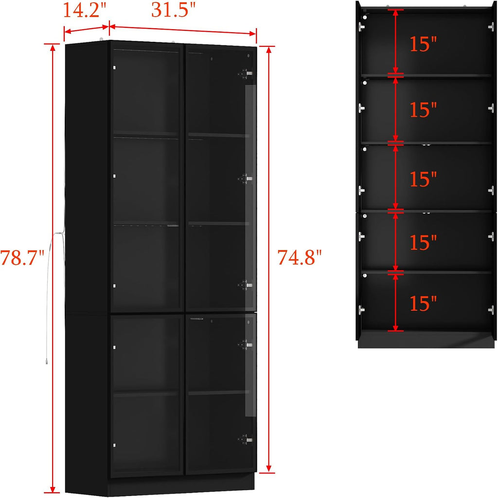 Curio Display Cabinet with Light, 5-Tier Storage Shelves with Pop-up Glass Doors & 3 Color LED Light, Collectibles Cabinet Display Shelf, Bookshelf Showcase for Living Room, Black Glass Door