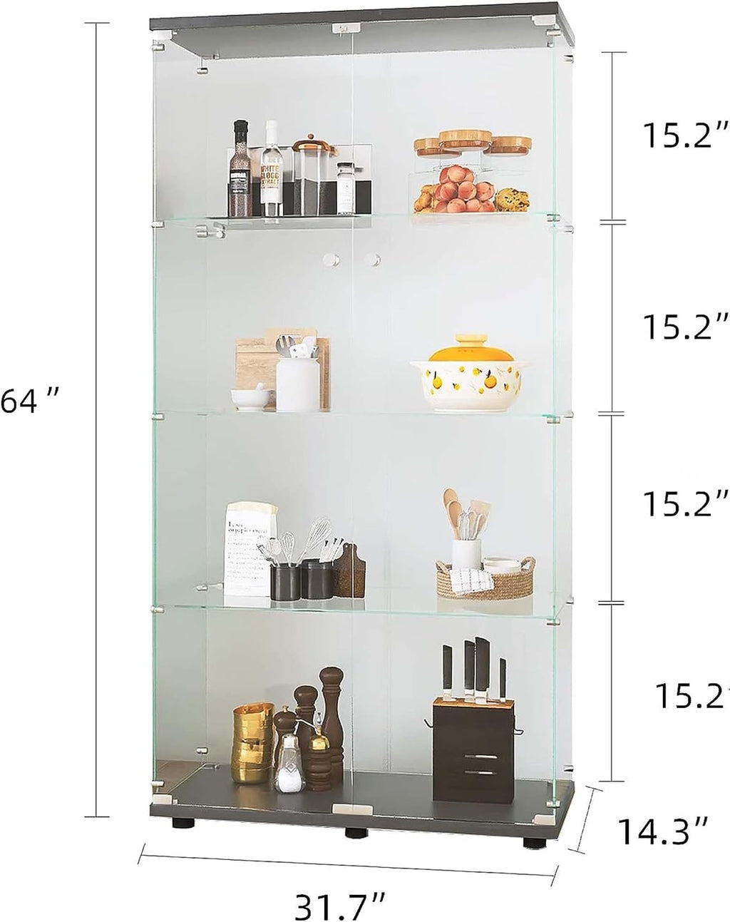 APRILSOUL Glass Display Cabinet 4-Shelf with Double Door, Curio Display Cabinet with 5mm Tempered Glass, Floor Standing Bookshelf for Bedroom, Living Room, 64 x 31.7 x 14.3 in, Black