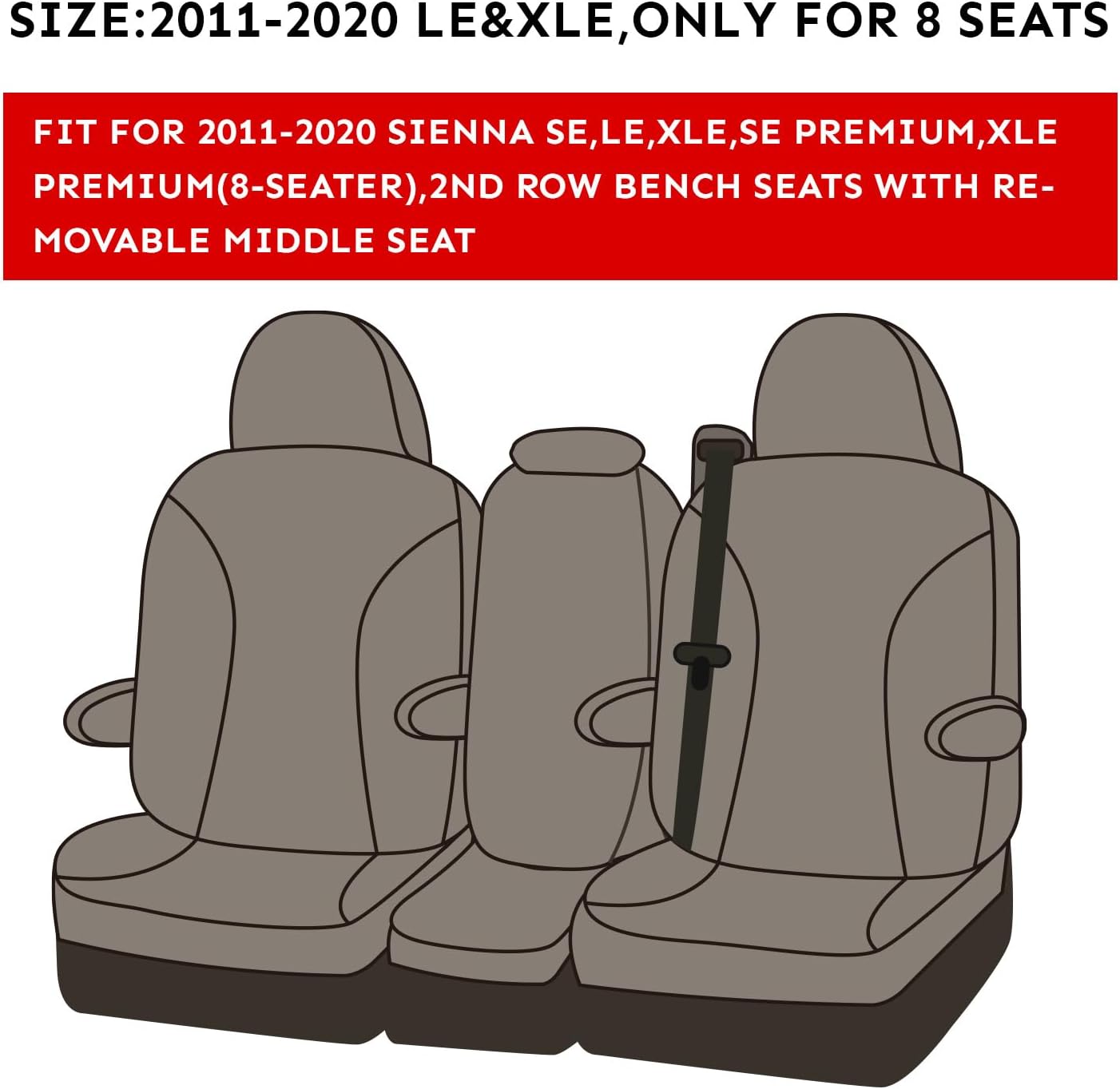 Coverdream Sienna Leather Car Seat Covers Custom Fit for 2011-2020 Toyota Sienna SE,LE,XLE,SE Premium,XLE Premium,8-Seater,Full Coverage,Airbag Compatible Auto Seat Protector (Full Set,Black/Red Line)