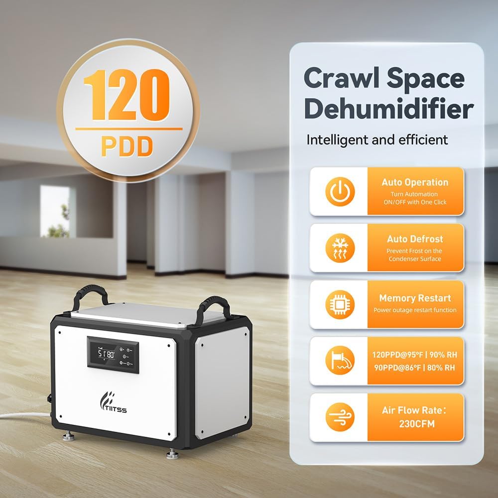Commercial Dehumidifier 120 Pint with Drain Hose for Crawl Spaces, Industrial, Basements, Garages, Dehumidifier with Pump, Portable, Compact, Large Capacity, Auto Defrost, Memory Restart