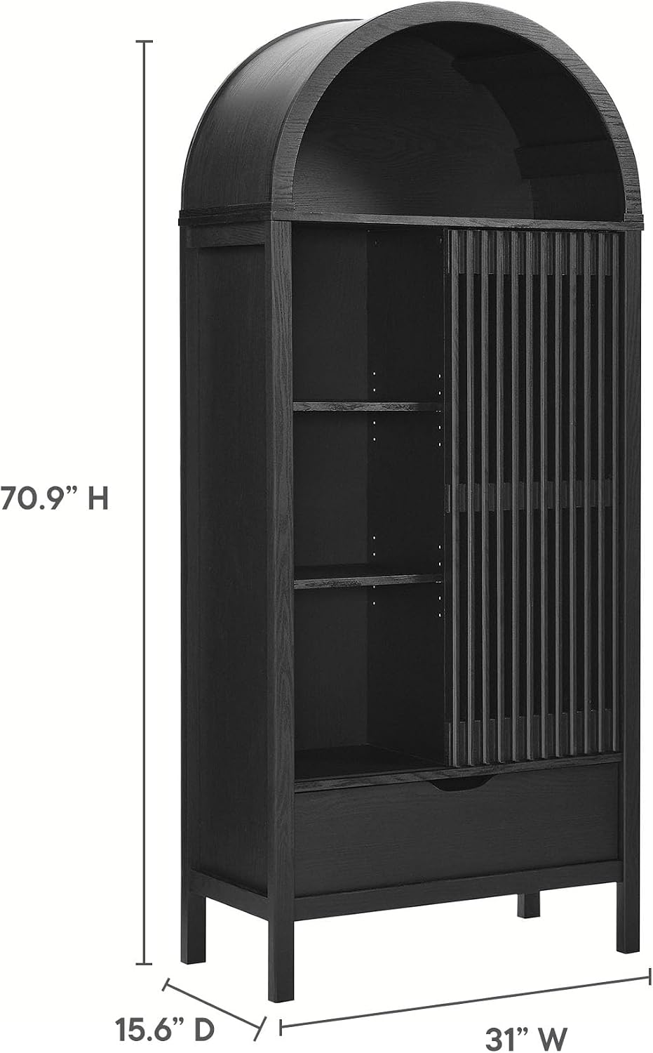 Modway Vaughn 71 Inch Arched Display Cabinet in Black - Modern Arch Bookcase with Drawer and Adjustable Shelves - Tall Storage Cabinet for Living Room, Dining Room, Hallway