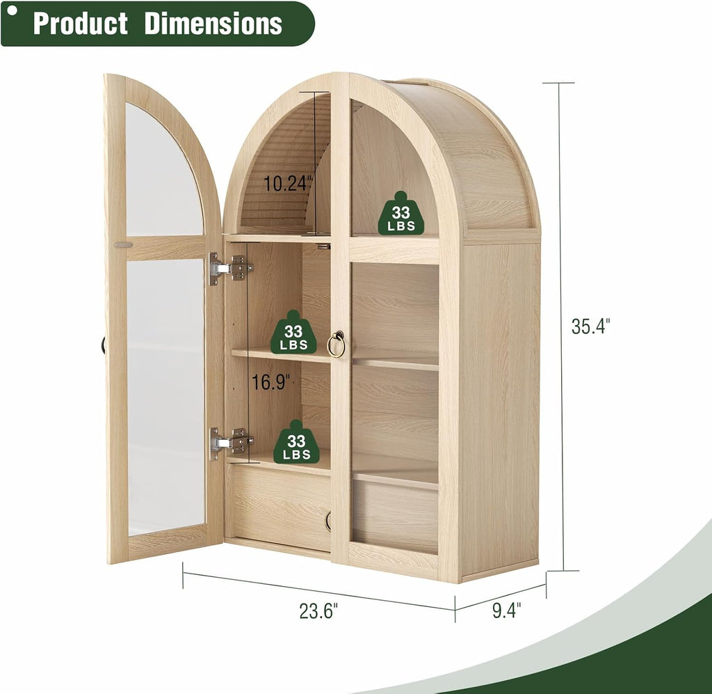 Medicine Cabinet with Tempered Glass Door, Arched Bathroom Wall Cabinet with Adjustable Shelf, for Kitchen, Living Room, Entryway, Laundry Room, Apartment, Office, Small Space, Oak