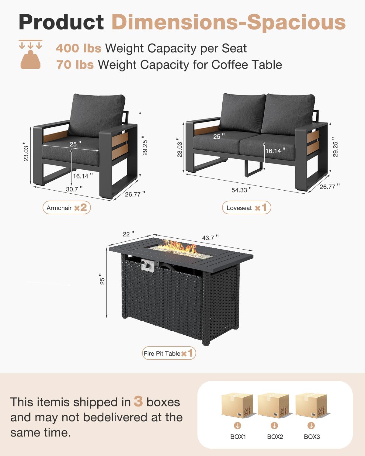 Aoxun Aluminum Patio Furniture Set with Fire Pit Table, 4 Piece Luxury Outdoor Sectional with 6' Olefin Fabric Cushions, Patio Conversation Sets with Waterproof Cover for Backyard, Porch Dark Grey