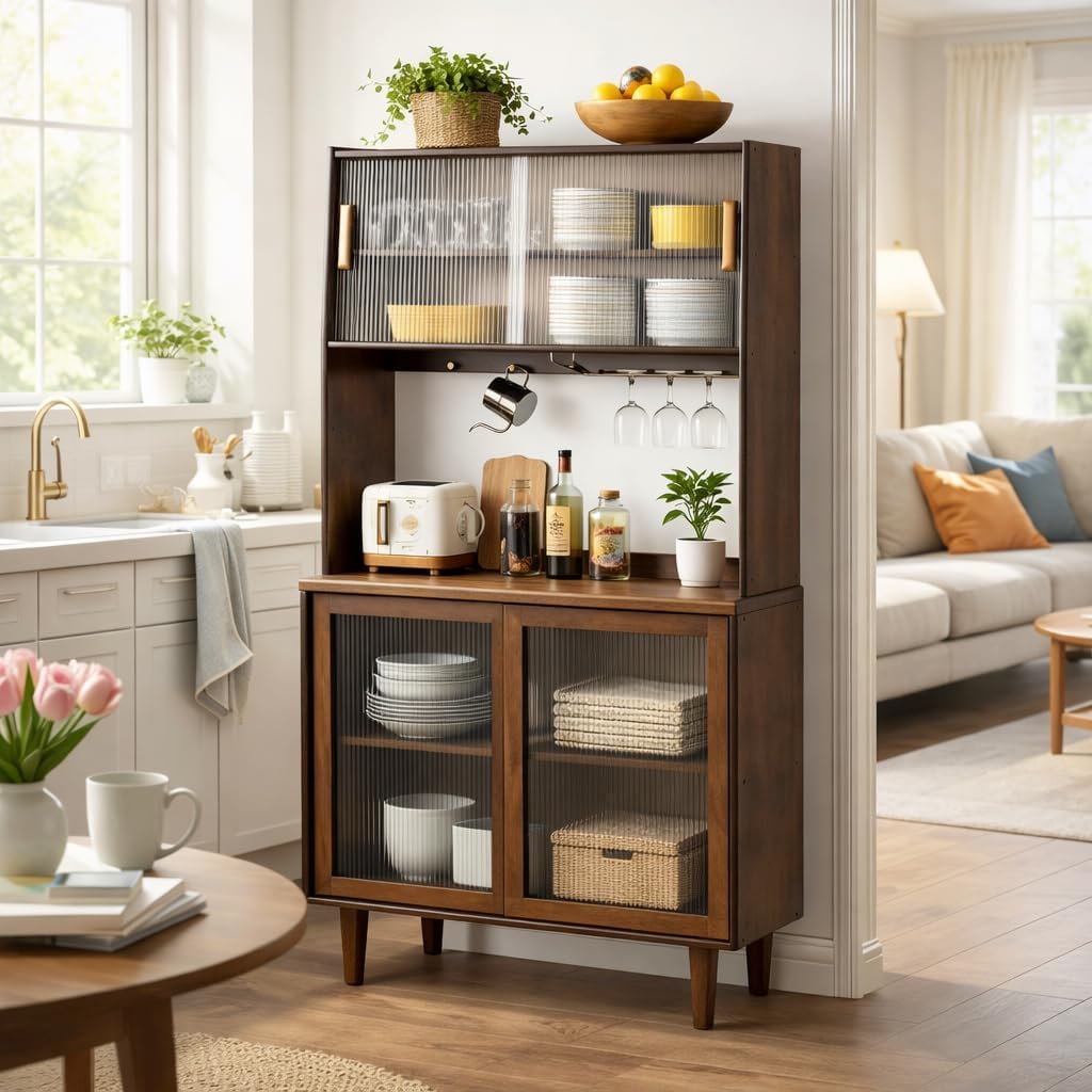 Welnown Kitchen Hutch Cabinet with Countertop, 31' Tall Pantry Storage Cabinet, Rattan Solid Wood Buffet Sideboard, Entryway Storage Table for Living Room, Dining Room, Hallway, Walnut