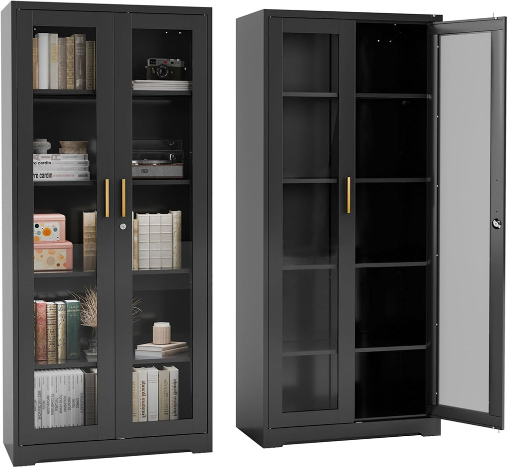 71' Metal Display Cabinet with Glass Doors, Locking Curio Cabinets with 4 Adjustable Shelves, Glass Display Case for Collectibles, Metal Storage Cabinet