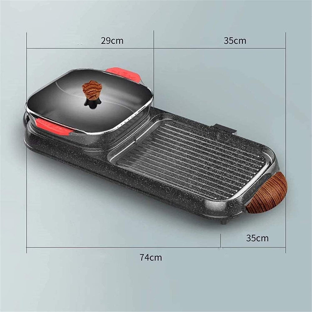 Electric Grill Indoor Electric Grill Indoor Hot Pot Multifunctional Indoor Teppanyaki Grill Shabu Pot with Divider - Separate Dual Temperature Contral,Black,74 * 35Cm,Portable Nonstick Gr