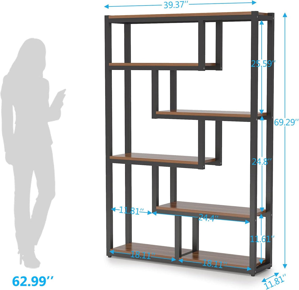 Tribesigns 6-Shelf Industrial Bookshelf Set of 2, Vintage Etagere Bookcase, 69 Inch Tall Storage Display Staggered Shelves with Sturdy Metal Frame for Home Office, Dark Walnut
