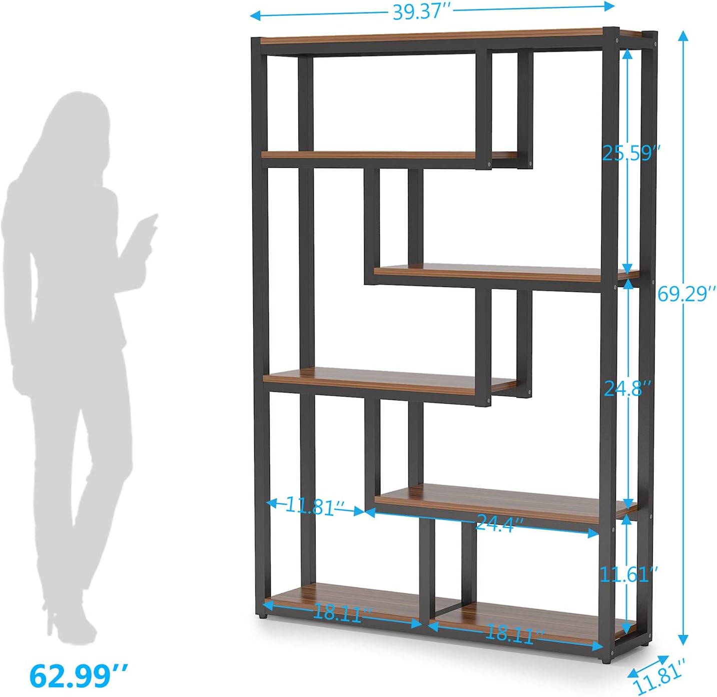 Tribesigns 6-Shelf Industrial Bookshelf Set of 2, Vintage Etagere Bookcase, 69 Inch Tall Storage Display Staggered Shelves with Sturdy Metal Frame for Home Office, Dark Walnut