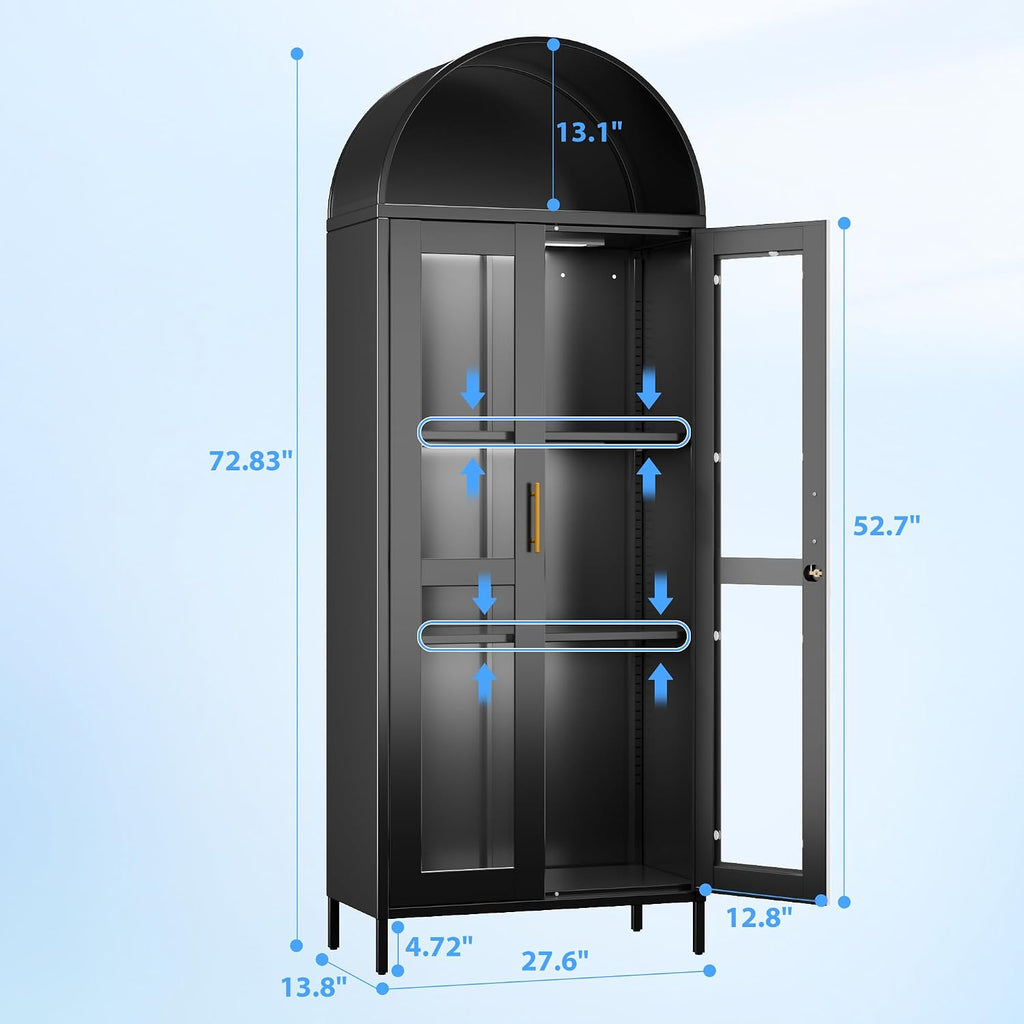 Metal Arched Display Cabinet with 3 Lights,Lockable Arch Cabinet with Glass Doors and 2 Adjustable Shelf for Home Office,Assembly Required,Black, 72.83' H×27.6' W×13.8' D