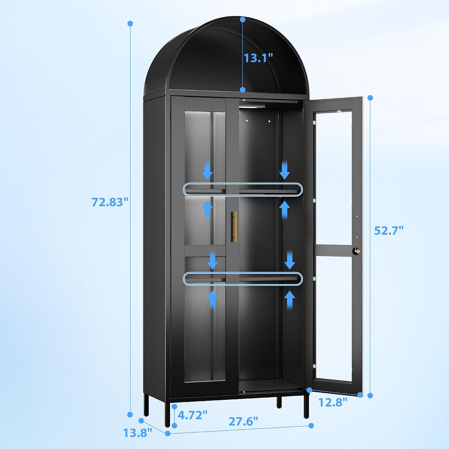 Metal Arched Display Cabinet with 3 Lights,Lockable Arch Cabinet with Glass Doors and 2 Adjustable Shelf for Home Office,Assembly Required,Black, 72.83' H×27.6' W×13.8' D