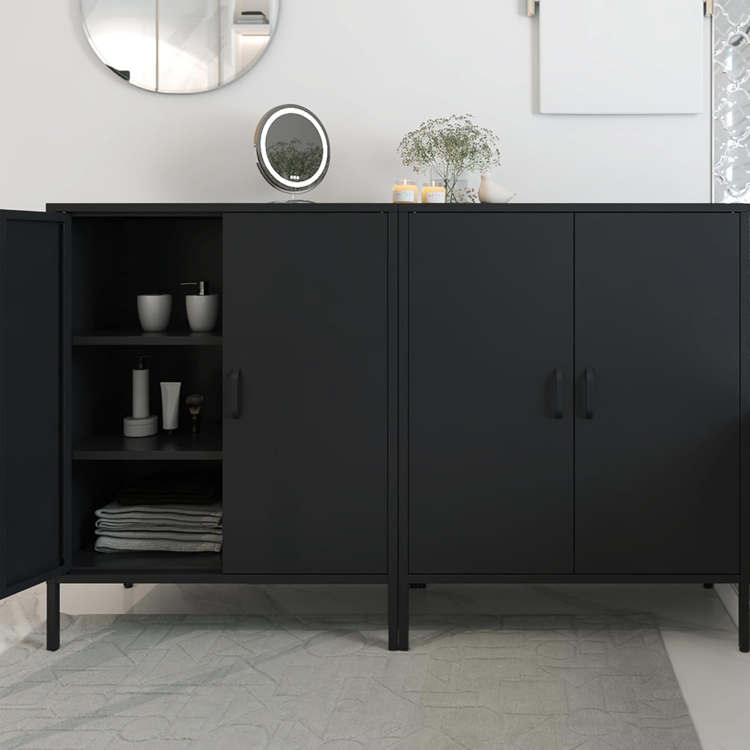 Chshin Black Metal Storage Cabinet,Metal Locker Storage Cabinet with 2 Doors and Shelves,Kitchen Pantry Cabinet,Modern Storage Freestanding Organizer Rust for Home,Kitchen,Office