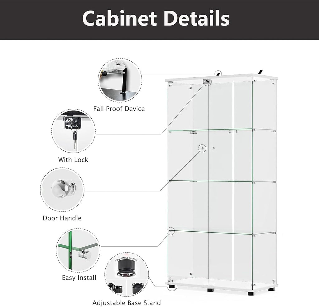 Modern 4-Tier Shelf Glass Curio Collection Display Case Cabinet with 2 Door in Clear, Showcase with Lock for Collectibles, Trophy, Action Figure 31' W x 14.3' D x 64.5' H