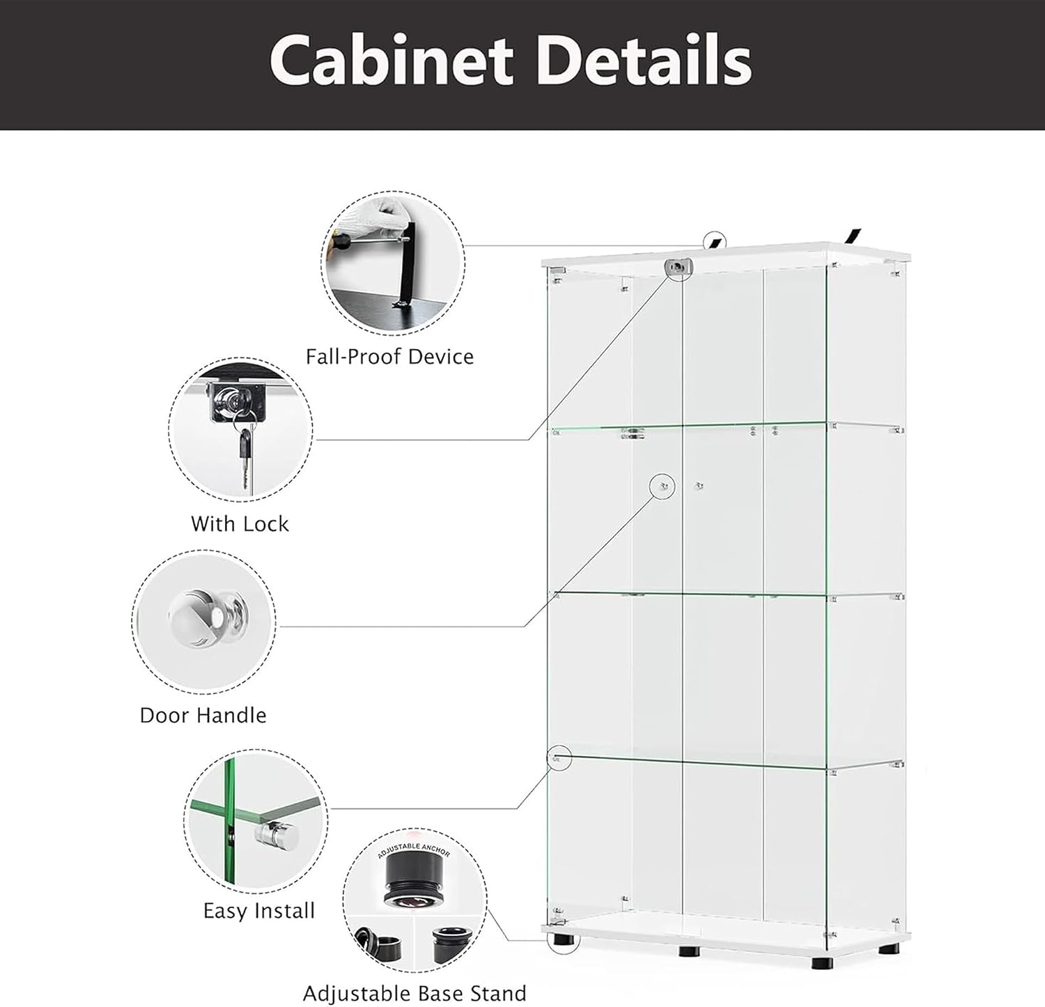 Modern 4-Tier Shelf Glass Curio Collection Display Case Cabinet with 2 Door in Clear, Showcase with Lock for Collectibles, Trophy, Action Figure 31' W x 14.3' D x 64.5' H