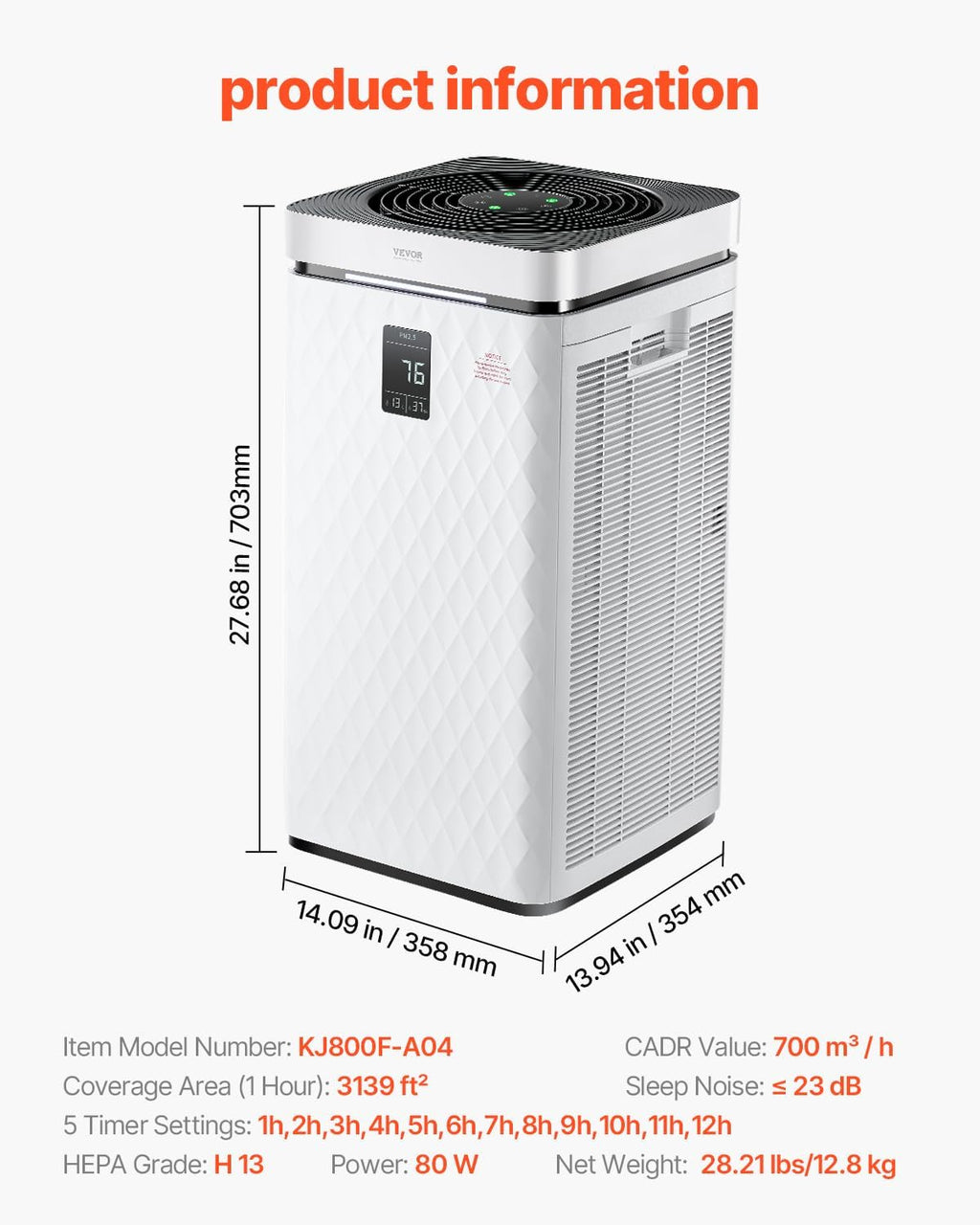 VEVOR Air Purifier for Bedroom Home, H13 HEPA Layer Filter 3139 ft²/h Smart Air Purifier with Speed Control & Child Lock Guard, 23 dB Sleep Mode Air Cleaner for Smoke Dust with Convenient Touch Panel