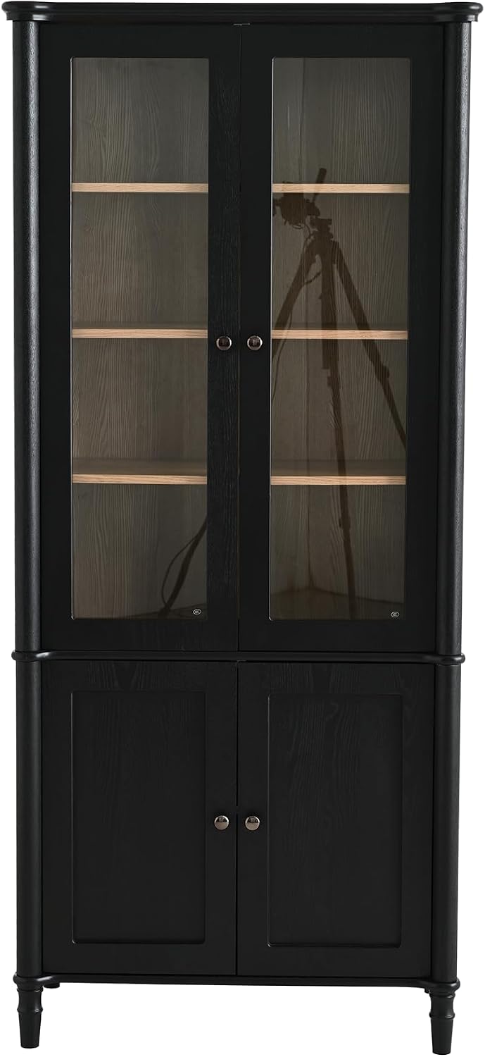 Merax 73.25''H Vintage Display Cabinet with Storage, Mid-Century Modern Pantry Cabinet with Glass Doors, Curio Cabinet for Hallways, Livingroom Kitchen & Office,Black