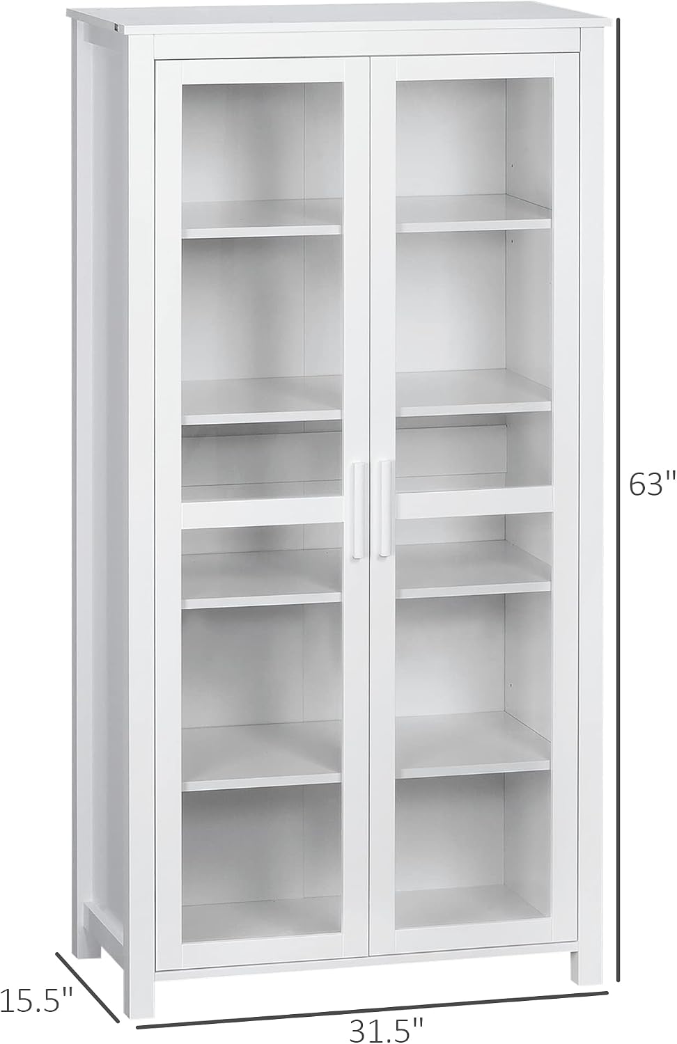 HOMCOM 63' Kitchen Pantry Cabinet, Freestanding Storage Cabinet, Display Cabinet with 2 Glass Door and 2 Adjustable Shelves for Dining Room, White