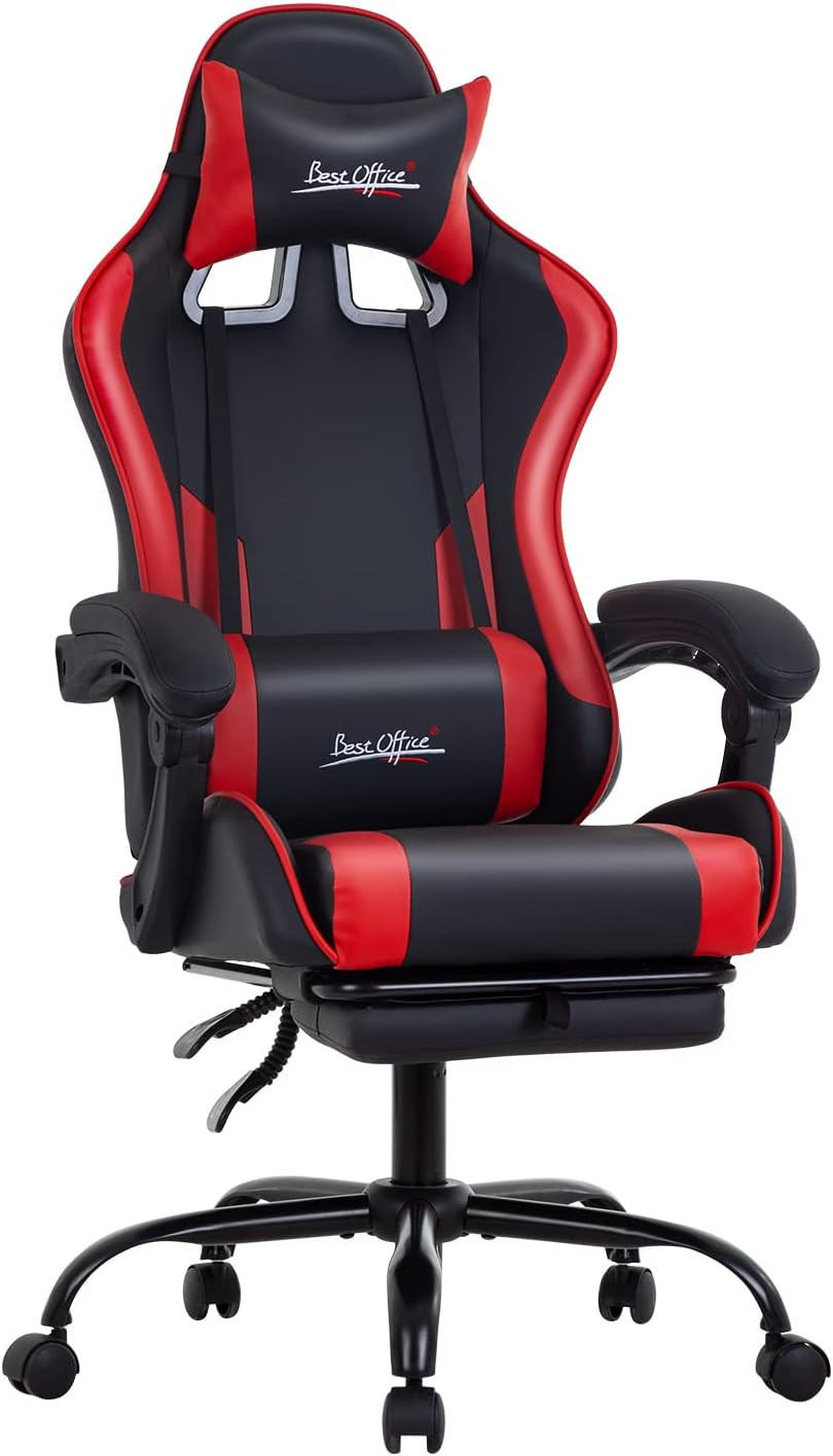 Gaming Chair Office Chair Desk Chair with Footrest Lumbar Support Headrest Armrest Task Rolling Swivel Ergonomic E-Sports Adjustable PC Gamer Chair (Red)