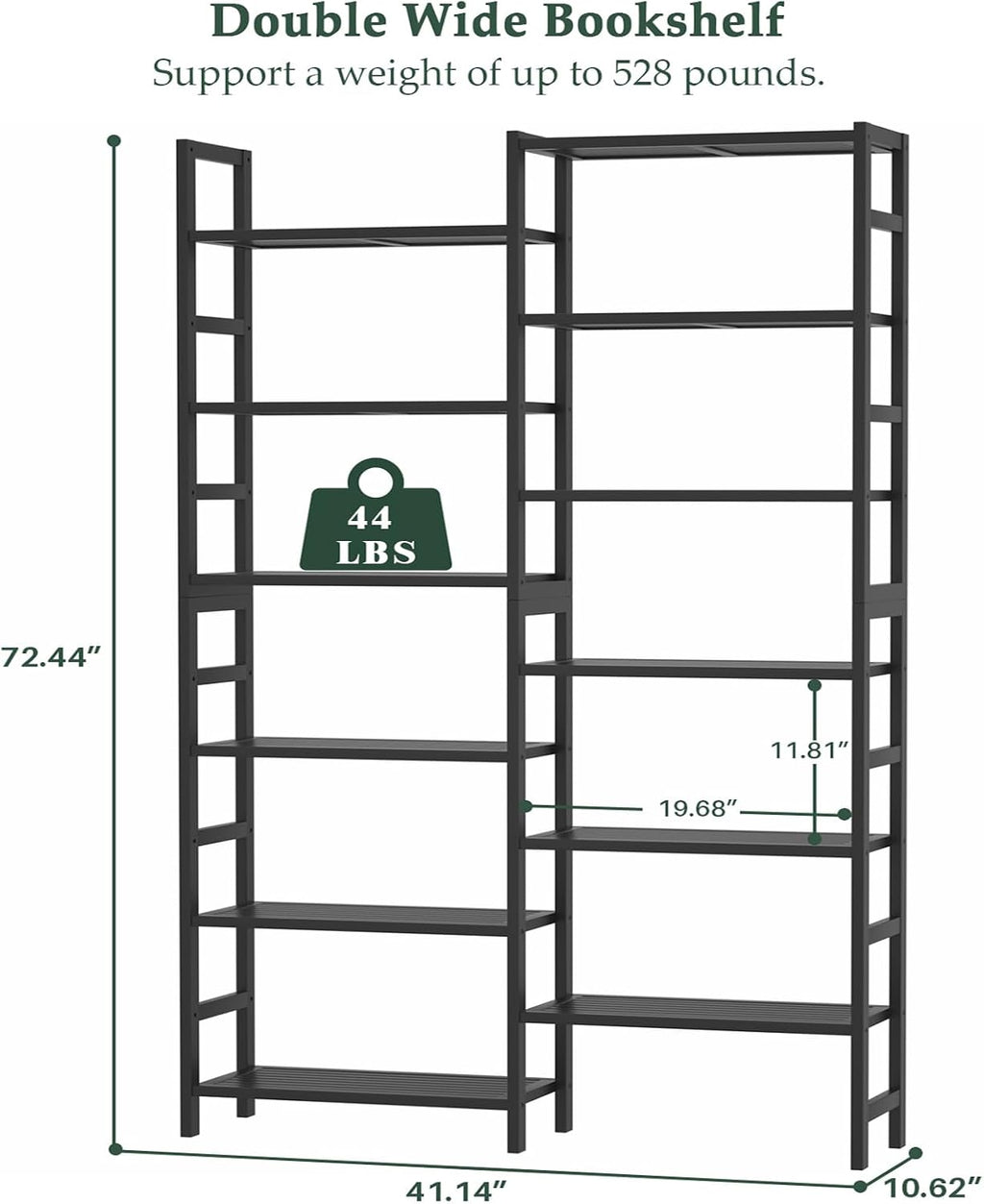 Homykic Double Wide Bamboo Bookshelf Black, 6-Tier Large Open Bookcase with 12 Display Shelves, 6ft Tall Freestanding Book Shelf for Home Office, Bedroom, Living Room, Plants