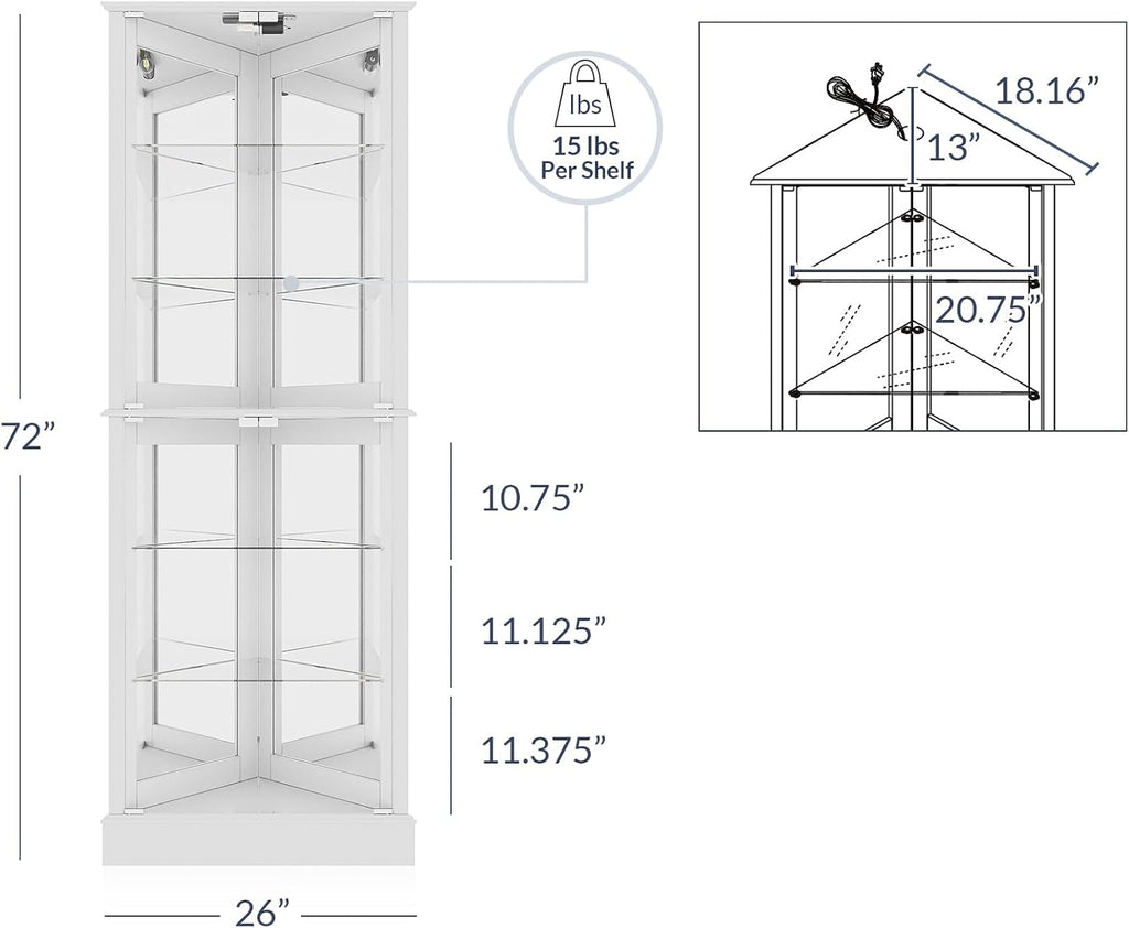 BELLEZE Lighted Accent Corner Display Curio Cabinet with Tempered Glass Doors and Shelves, Classic Wood Cabinet w/Bulb, Corner Curio Storage Rack for Living Room, Bed-Room and Kitchen (White)