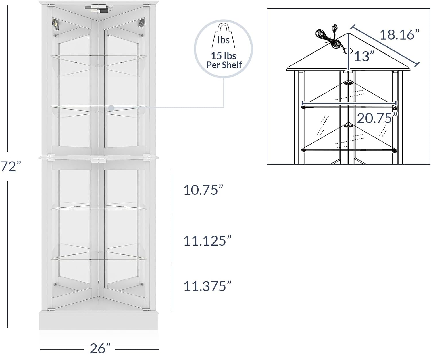 BELLEZE Lighted Accent Corner Display Curio Cabinet with Tempered Glass Doors and Shelves, Classic Wood Cabinet w/Bulb, Corner Curio Storage Rack for Living Room, Bed-Room and Kitchen (White)