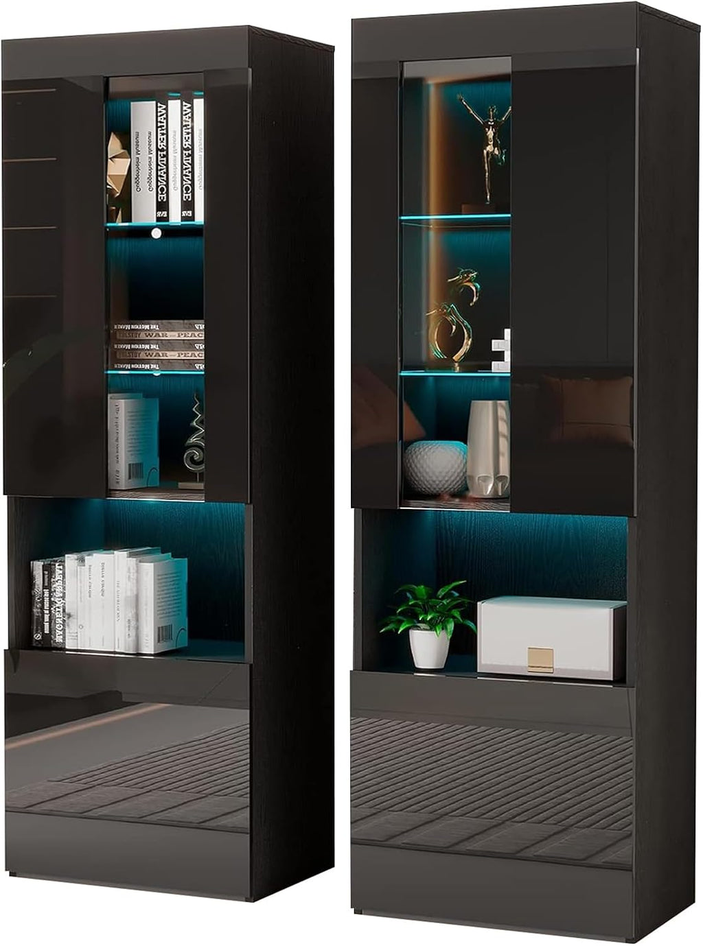 AMERLIFE 2 Piece 71in Tall Bookcase Storage Cabinet with Glass Doors, Modern High Gloss LED Bookshelf Display with 5 Tiers for Storage & Adjustable Glass Shelves for Living Room, Office, Black