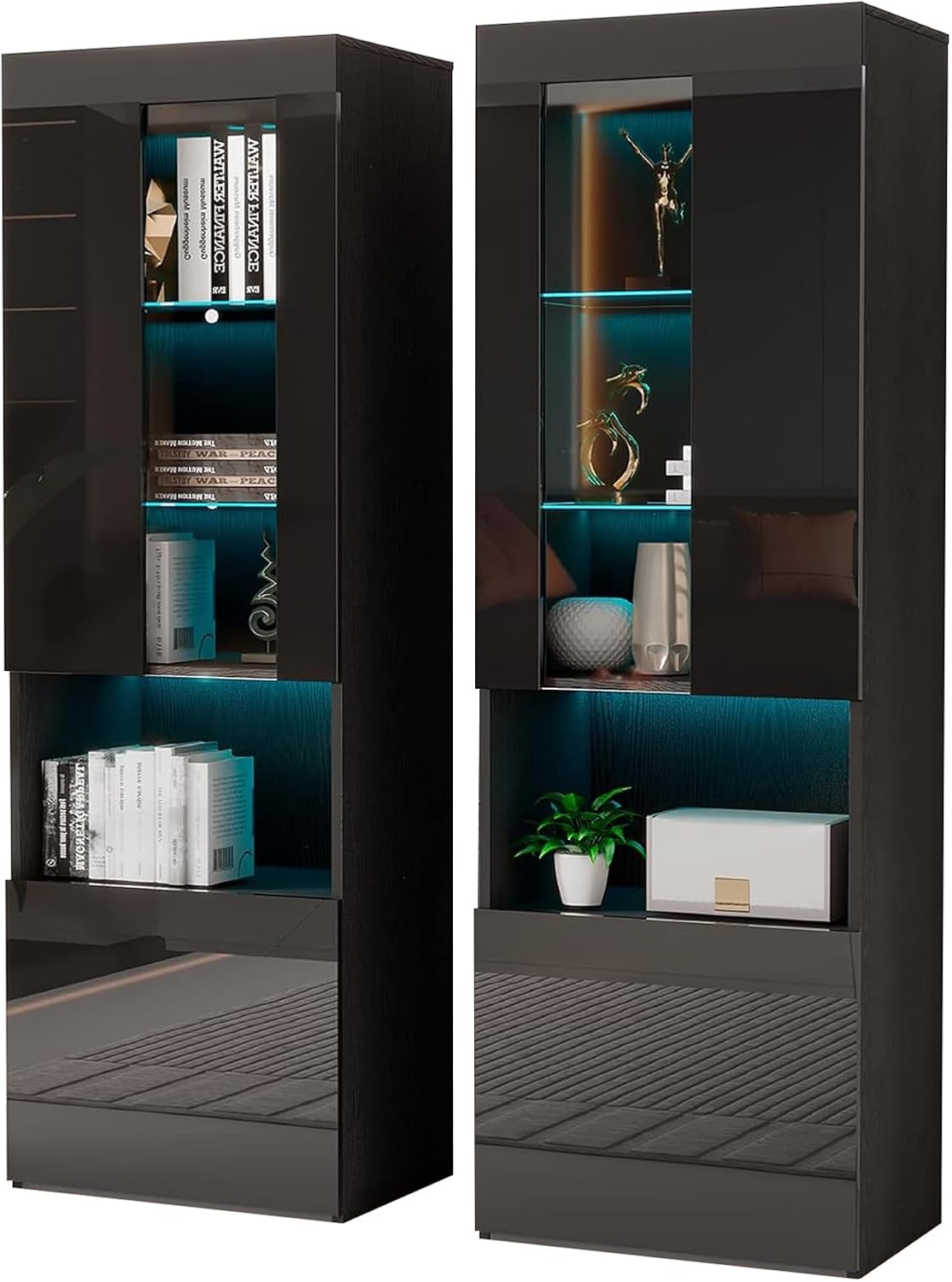 AMERLIFE 2 Piece 71in Tall Bookcase Storage Cabinet with Glass Doors, Modern High Gloss LED Bookshelf Display with 5 Tiers for Storage & Adjustable Glass Shelves for Living Room, Office, Black