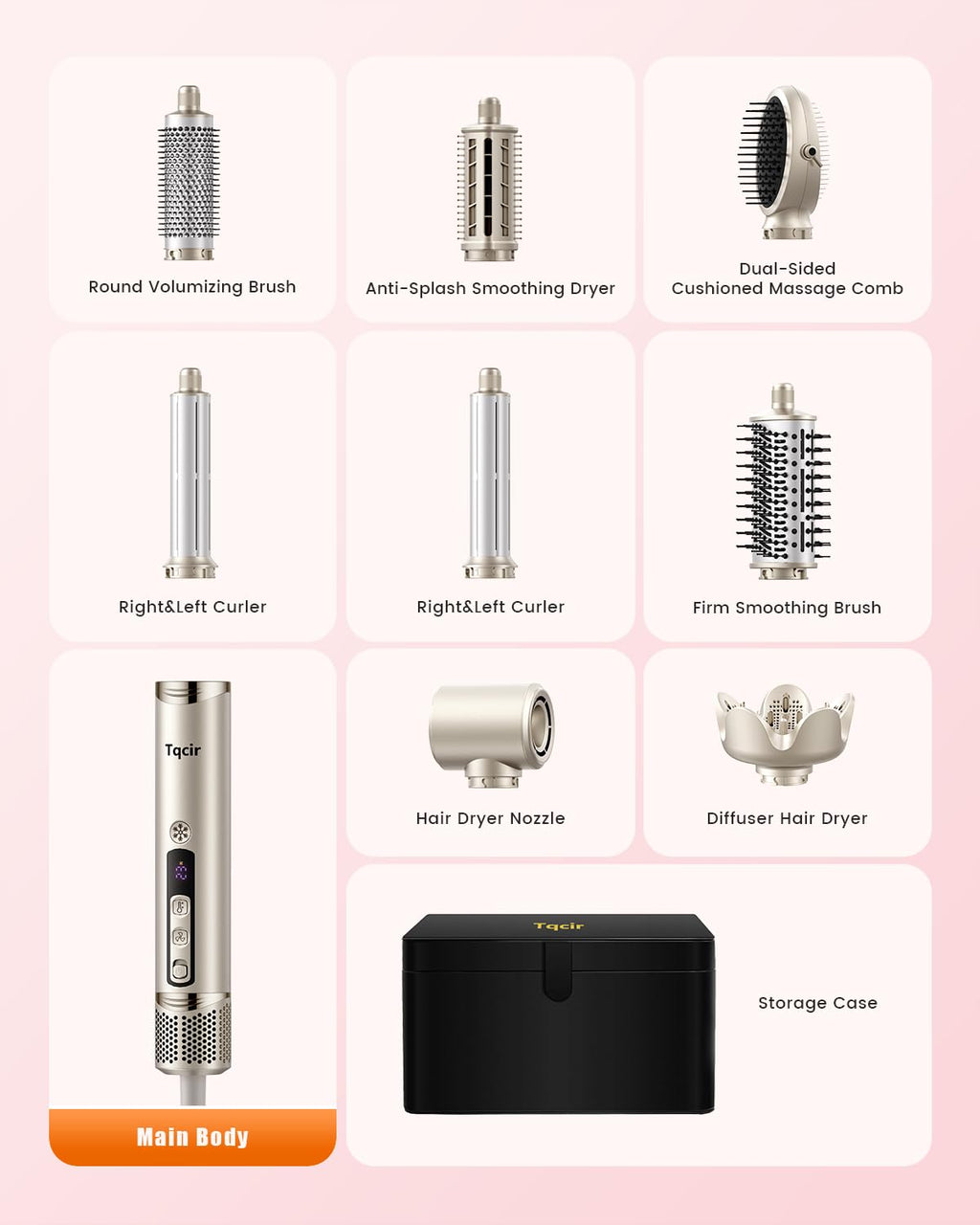 Tqcir 8-in-1 Professional Hot Air Styler&Hair Dryer Brush, Powerful Multi-Styler with Auto-Wrap Curler with Storage Case, Fast Drying Curling Straightening Volumizing Without Heat Damage
