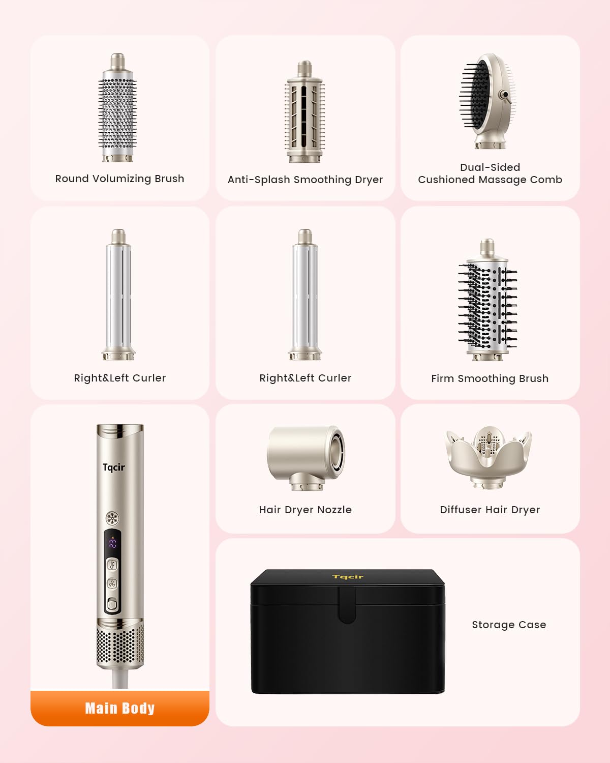 Tqcir 8-in-1 Professional Hot Air Styler&Hair Dryer Brush, Powerful Multi-Styler with Auto-Wrap Curler with Storage Case, Fast Drying Curling Straightening Volumizing Without Heat Damage