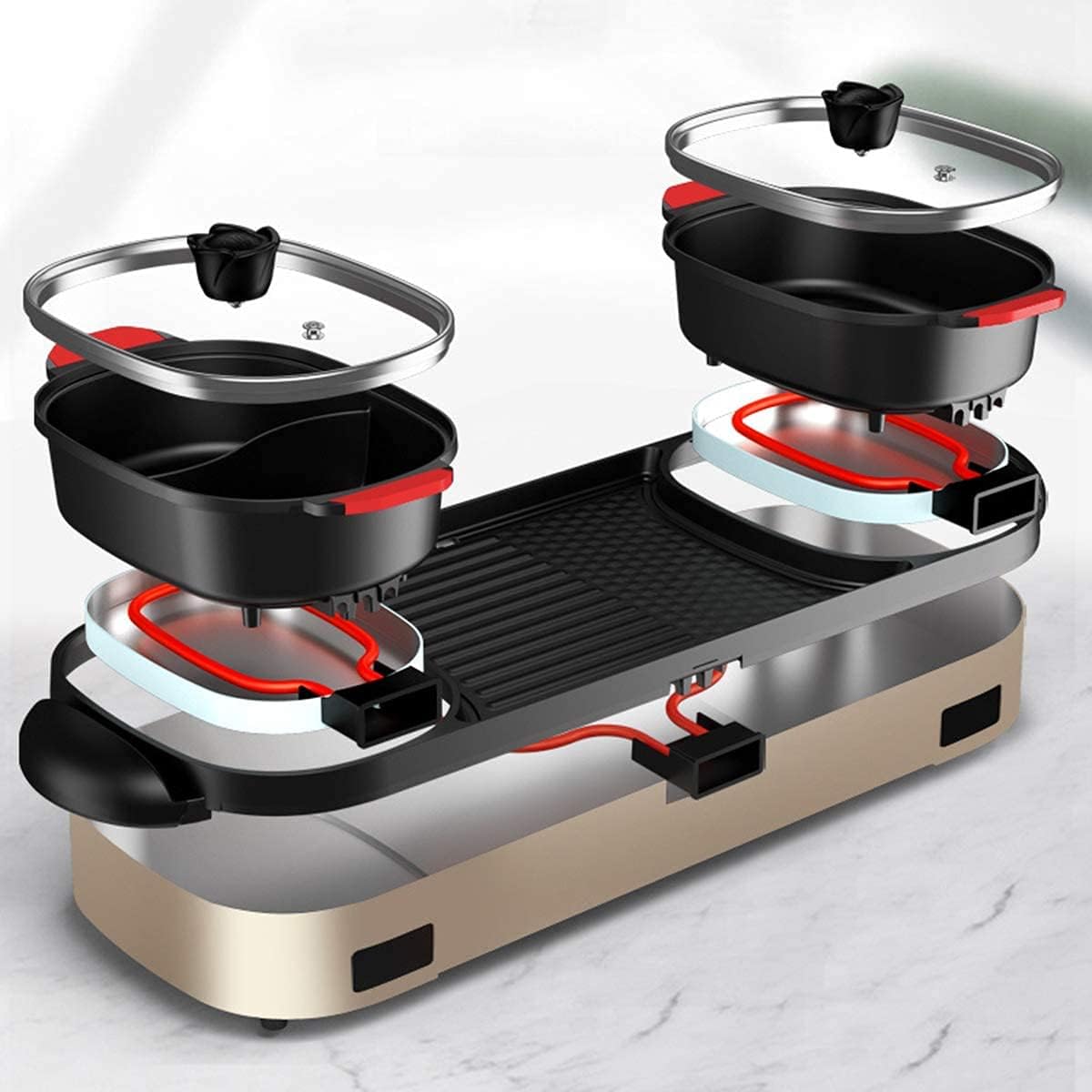 BBQ Smokeless Grill Multifunction Electric Grill Indoor Hot Pot, Home Cooker Griddle Multi Purpose Korean Barbecue Hot Pot Smokeless Teppanyaki BBQ Grill Hotpot Pot Family Dinner
