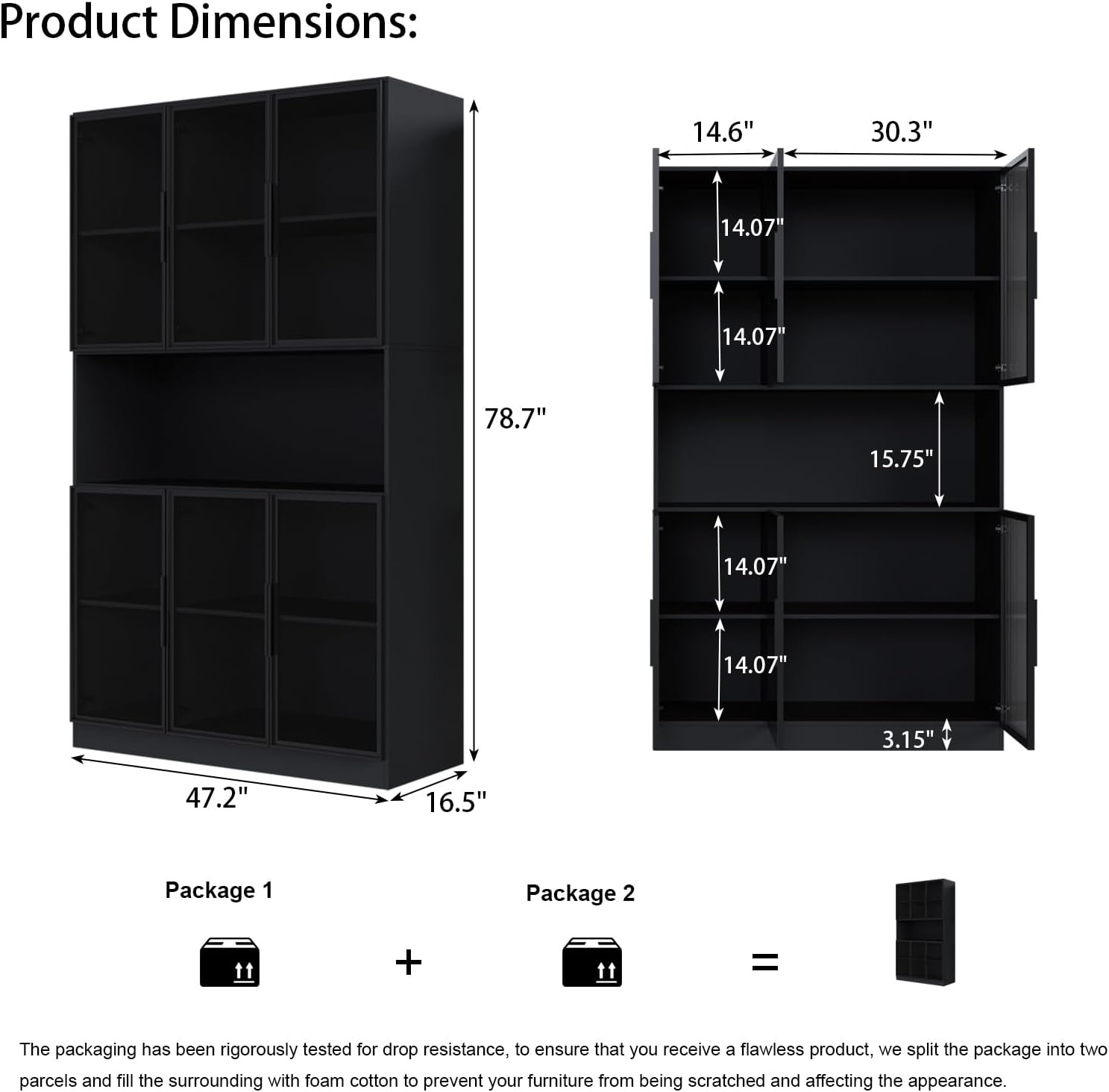 Mekminop Glass Doors Display Cabinet with Lights and Shelves, Storage Cabinets Morden Bookcase Trophy Case Display Cabinet with Hutch for Collectibles - Black (47.2 'W x 16.5 'D x 78.7 'H)