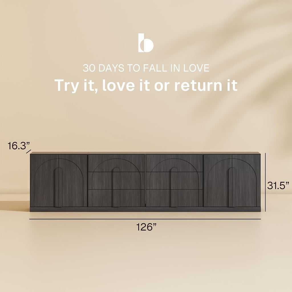 BELLEZE Modular Sideboard Cabinet Set Freely Configurable, 4-Piece Modern Buffet Cabinet 2 Arched Wood Door Credenza and 2 3-Drawer Storage, Media Console for Living Room Kitchen, Ebony