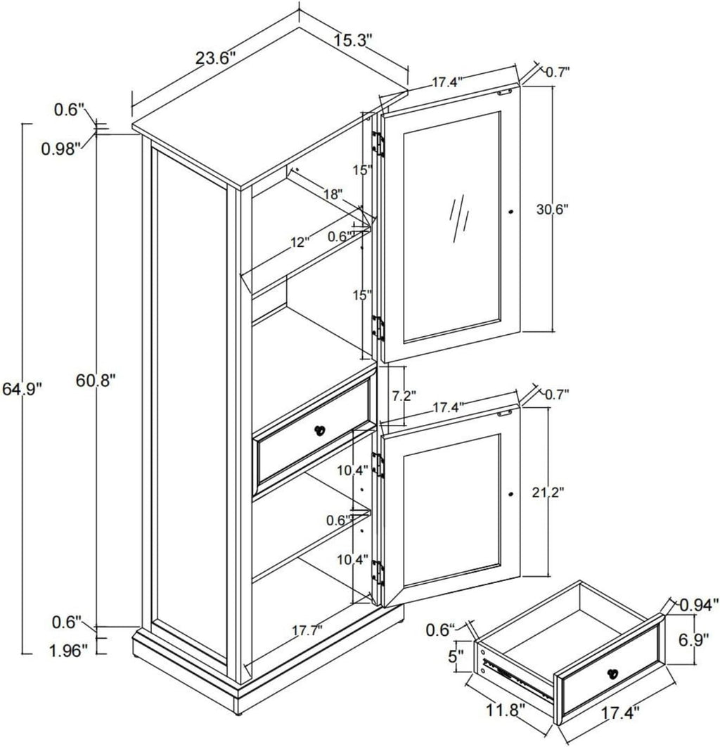65' Tall Bookcase with Tempered Glass Door, Elegant Freestanding Display Cabinet with Drawer, Modern Wooden Kitchen Pantry Storage Cabinets for Living Room/Office(White)
