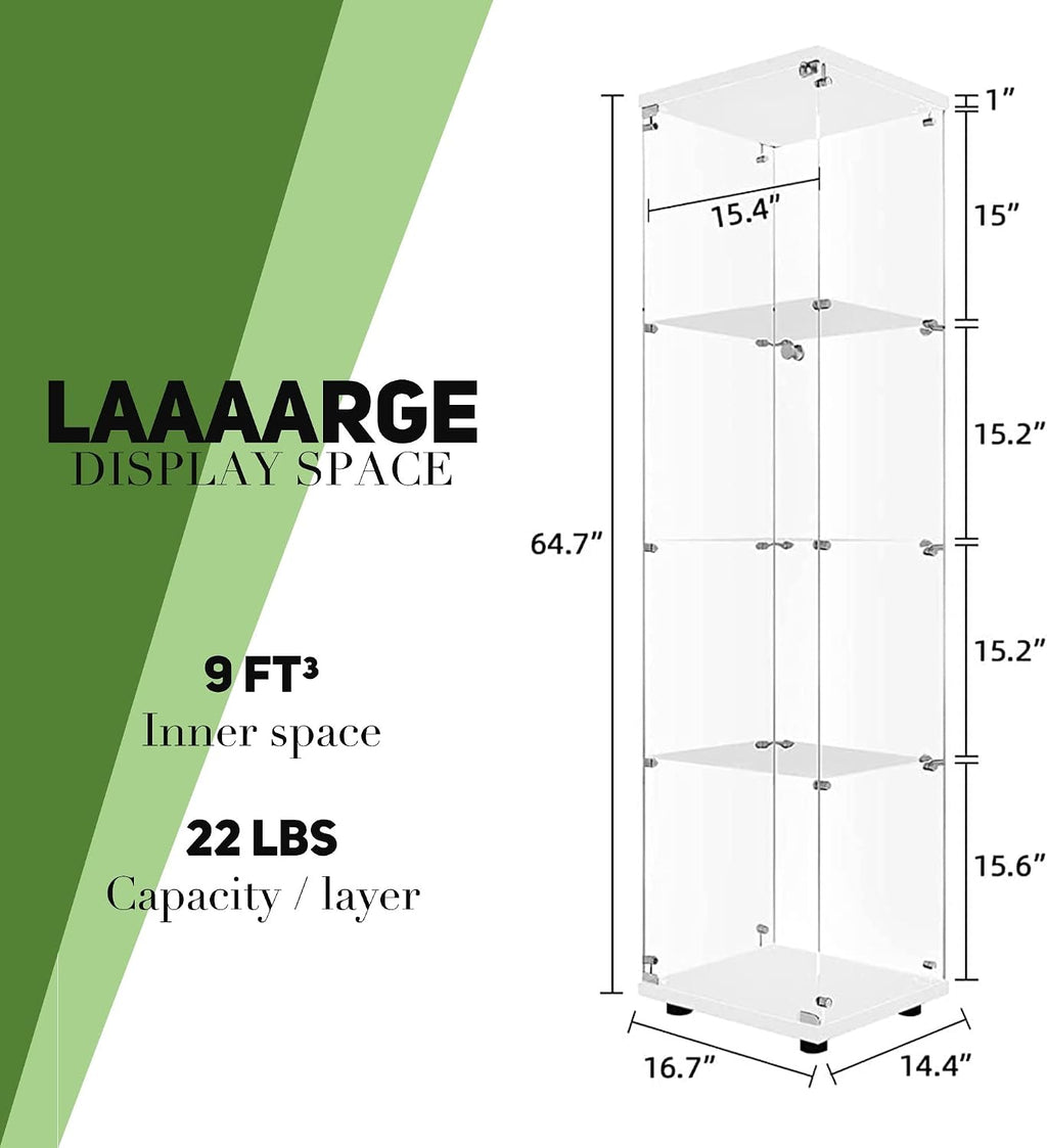 Beauty4U Glass Display Cabinet with 4 Shelves, Curio Cabinets for Living Room, Bedroom, Office, White Floor Standing Glass Bookshelf, Quick Installation