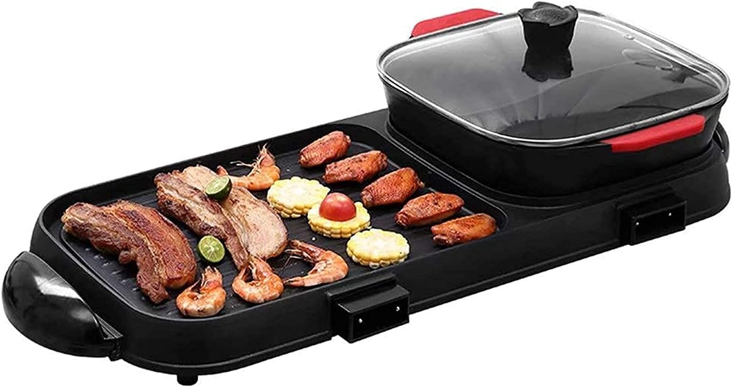 Electric Grill Indoor Electric Grill Indoor Hot Pot Multifunctional Indoor Teppanyaki Grill Shabu Pot with Divider - Separate Dual Temperature Contral,Black,74 * 35Cm,Portable Nonstick Gr