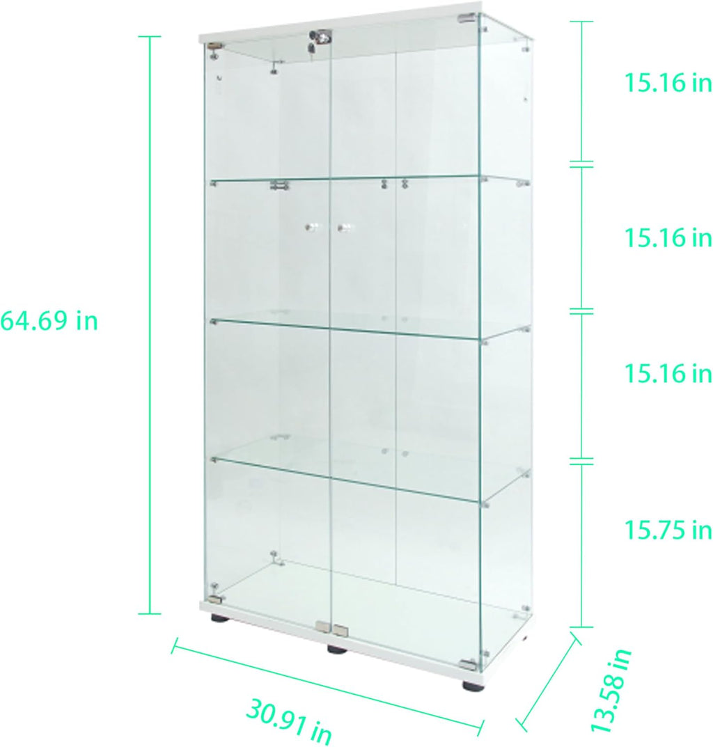 4-Tier Double Doors Glass Display Cabinet with Lights and Lock, 64.7' High Elegant Curio Display Cabinet Sturdy Tempered Glass Collection Display Showcase with 4 Shelves for Living Room,Bedroom,White
