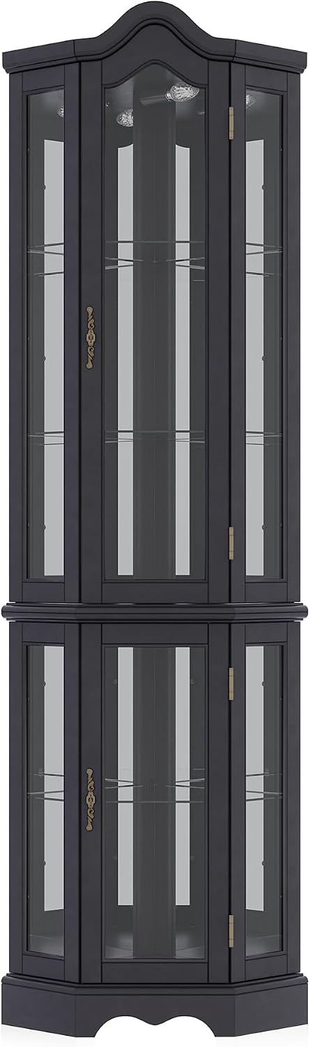 BELLEZE Lighted 3-Side Glass Display Curio Cabinet w/Tempered Glass Doors and Shelves, Curved Wood Corner Cabinet with Bulb, Corner Storage Rack for Living Room and Kitchen (Black)