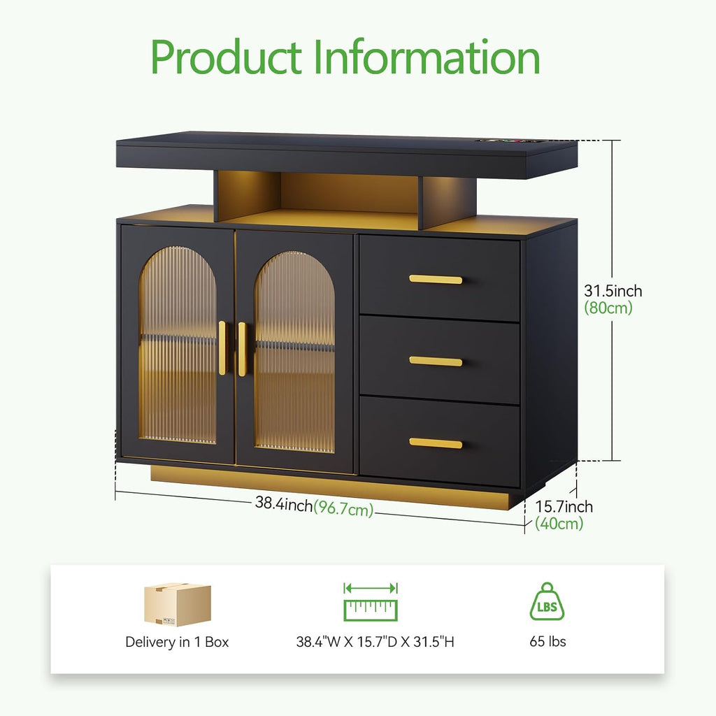 HNEBC LED Sideboard Buffet with Charging Station, Smart Bar Cabinet with Auto RGB Lighted, Coffee Bar with 3 Drawers/Adjustable Shelf for Living Room, Dining Room,Home Storage (Black)